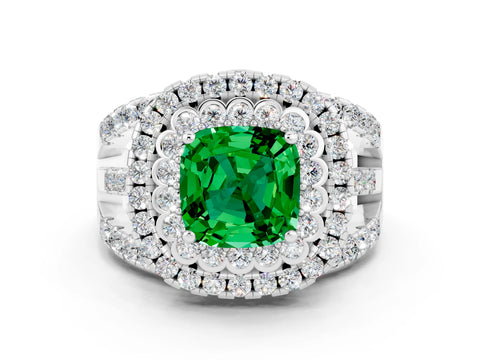 White gold Double Halo Cushion Cut Diamond Split Shank Pave Set Ring