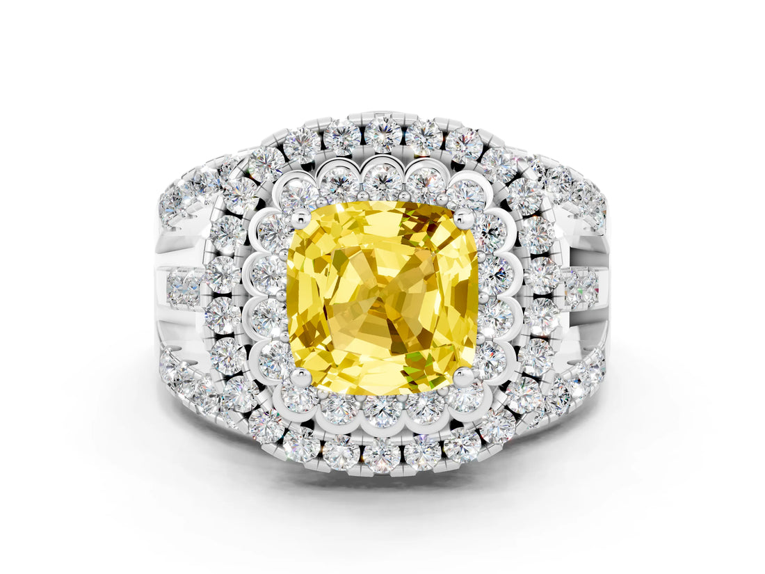 White gold Double Halo Cushion Cut Diamond Split Shank Pave Set Ring