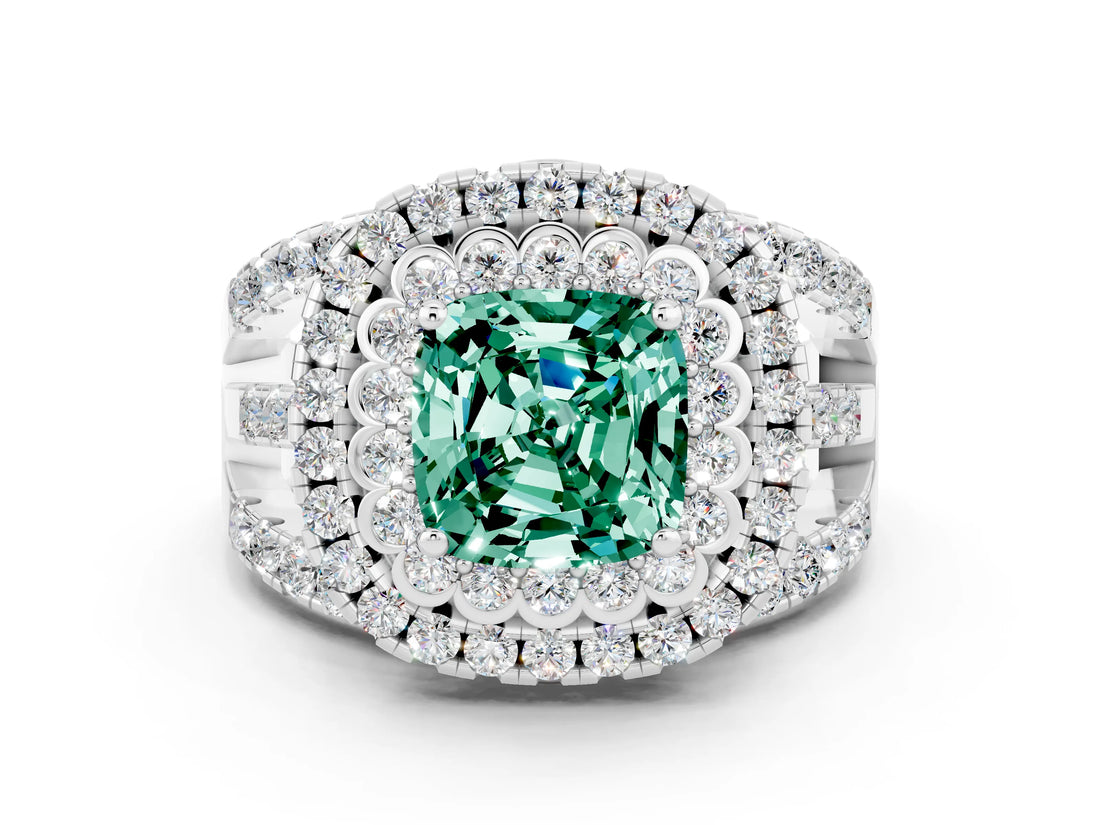 White gold Double Halo Cushion Cut Diamond Split Shank Pave Set Ring