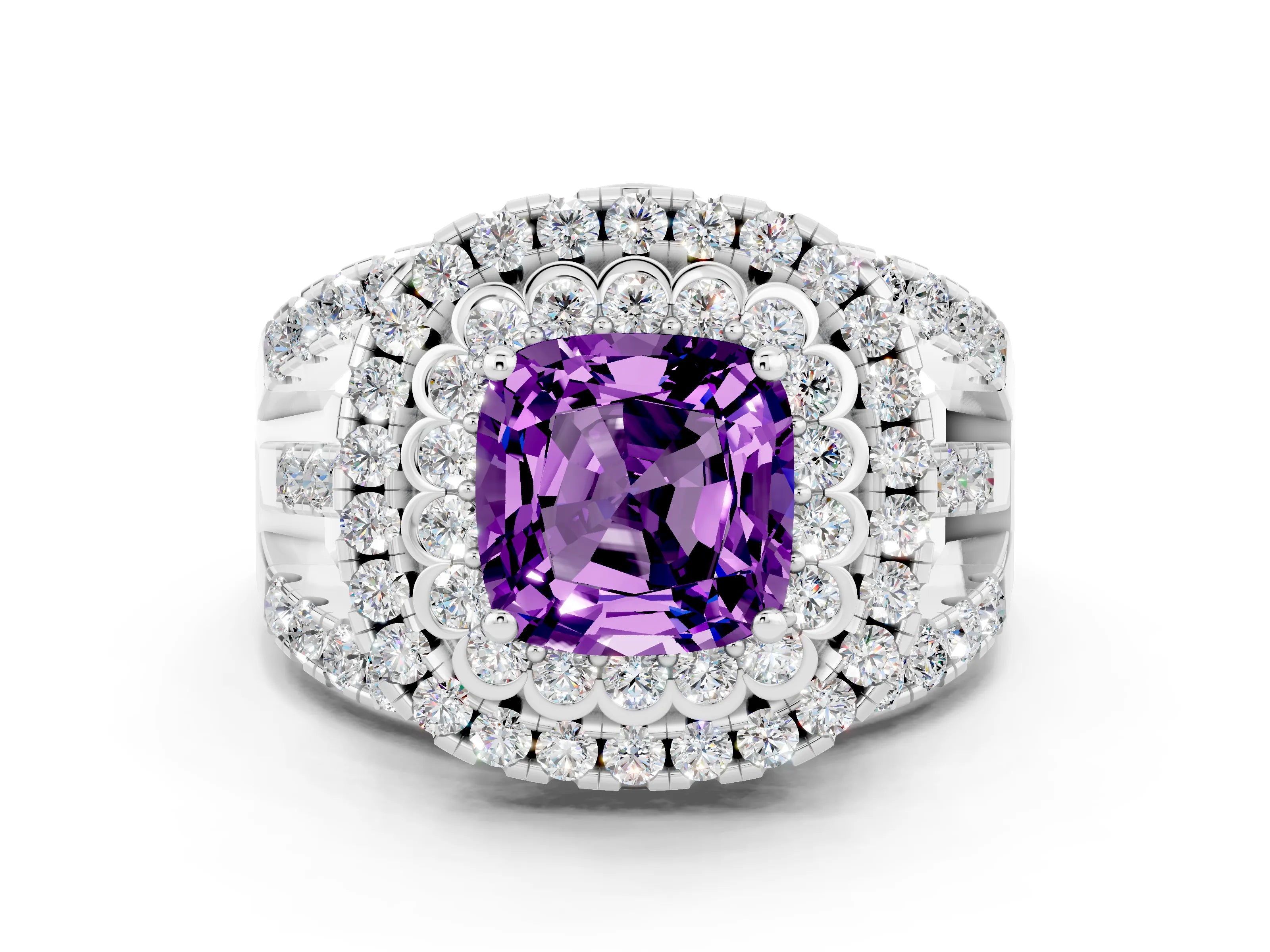 White gold Double Halo Cushion Cut Diamond Split Shank Pave Set Ring