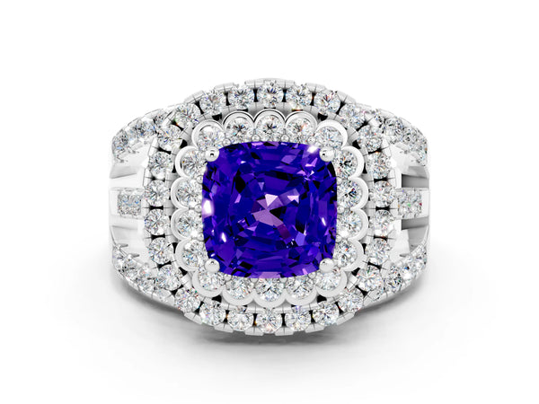 Silver Cushion Cut Tanzanite Double Halo Ring with Round Pavé Split Shank and Prong Setting