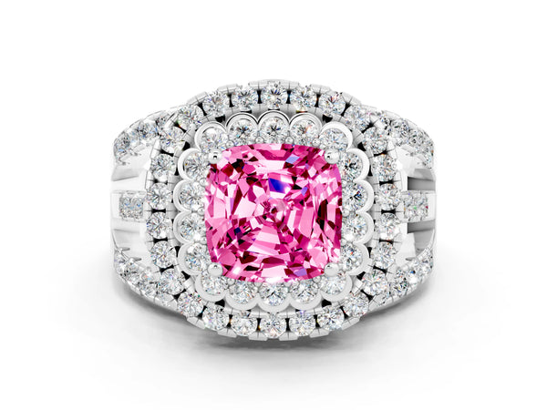 Platinum Double Halo Cushion Cut Diamond Split Shank Pave Set Ring