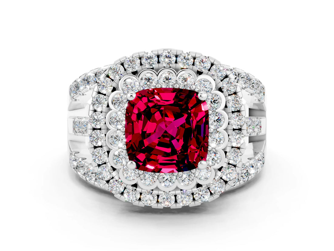 White gold Double Halo Cushion Cut Diamond Split Shank Pave Set Ring