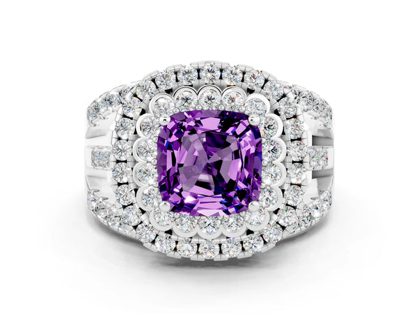 White gold Cushion Cut Amethyst Double Halo Ring with Round Pavé Split Shank and Prong Setting