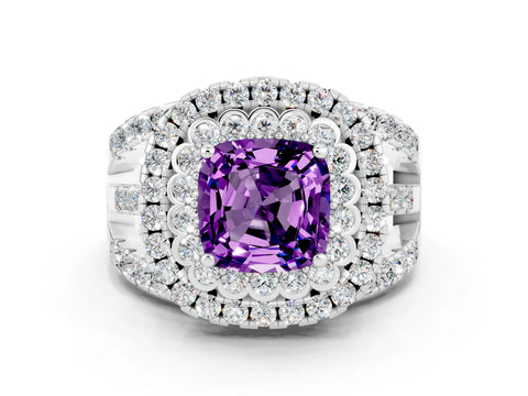 White gold Double Halo Cushion Cut Diamond Split Shank Pave Set Ring