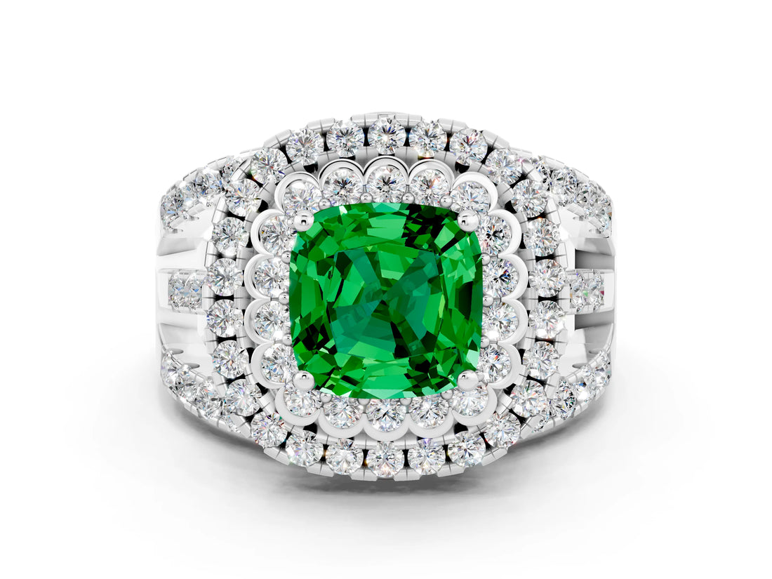 White gold Double Halo Cushion Cut Diamond Split Shank Pave Set Ring