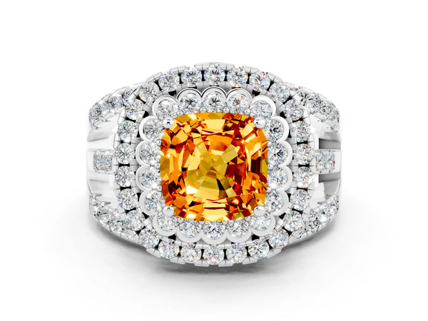 Silver Cushion Cut Citrine Double Halo Ring with Round Pavé Split Shank and Prong Setting