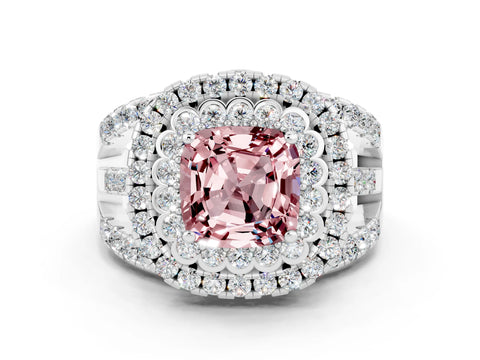 White gold Double Halo Cushion Cut Diamond Split Shank Pave Set Ring