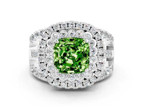 Silver Double Halo Cushion Cut Diamond Split Shank Pave Set Ring
