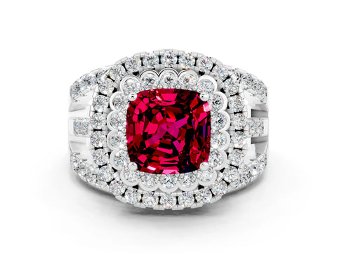 White gold Double Halo Cushion Cut Diamond Split Shank Pave Set Ring