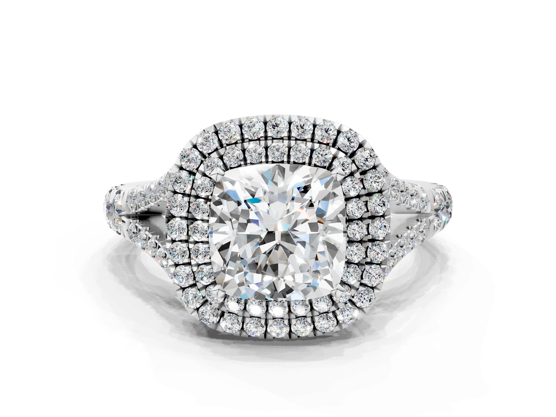 White gold Double Halo Cushion Cut Diamond Split Shank Ring with Four Prong Setting_45