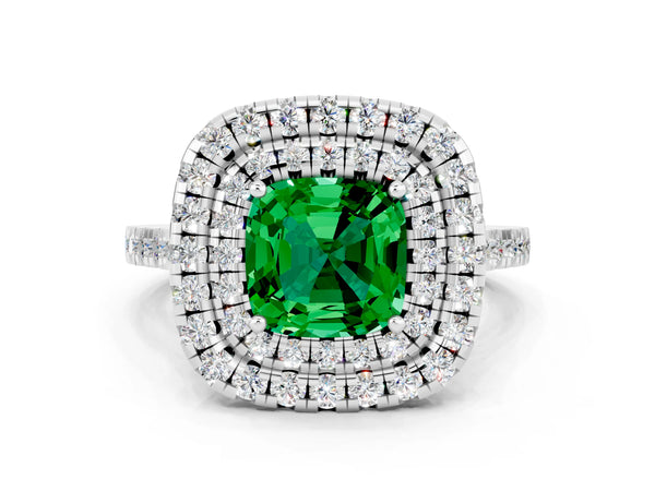 Platinum Double Halo Cushion Cut Emerald Pavé Band with Four-Prong Setting