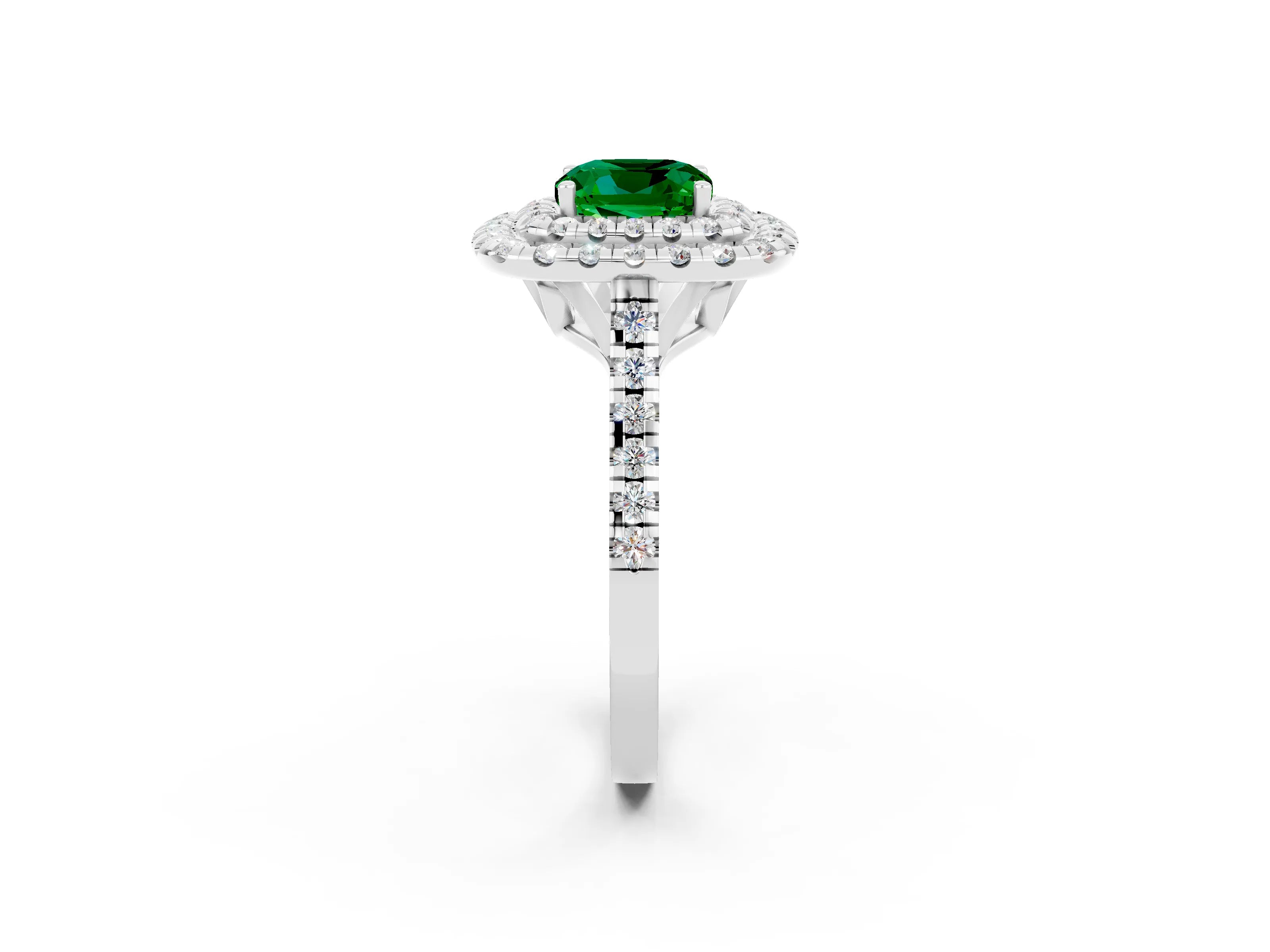 White gold Double Halo Cushion Cut Emerald Pavé Band with Four-Prong Setting_2
