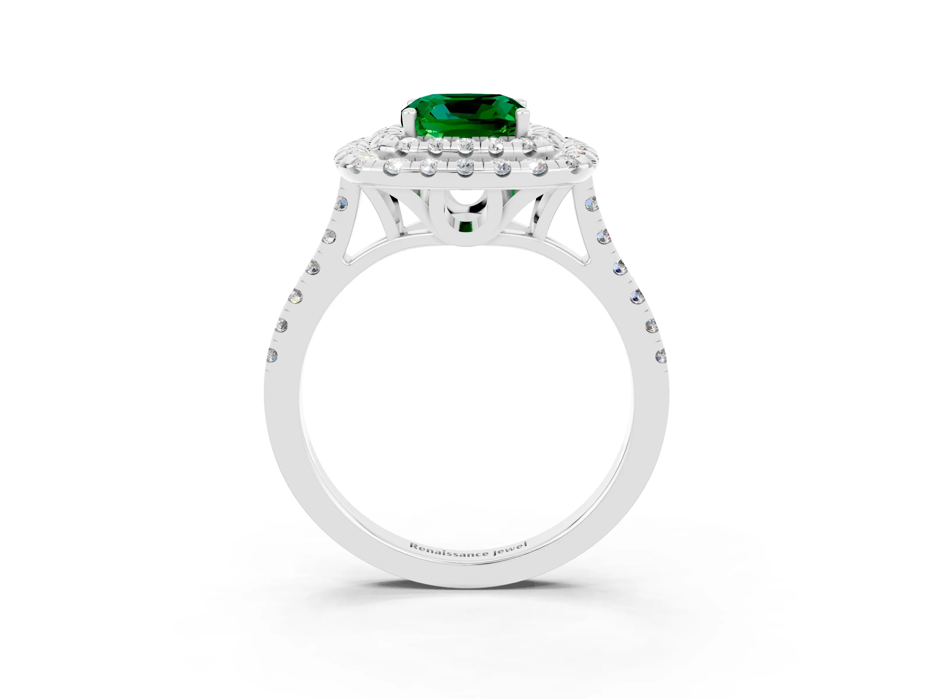 White gold Double Halo Cushion Cut Emerald Pavé Band with Four-Prong Setting_3