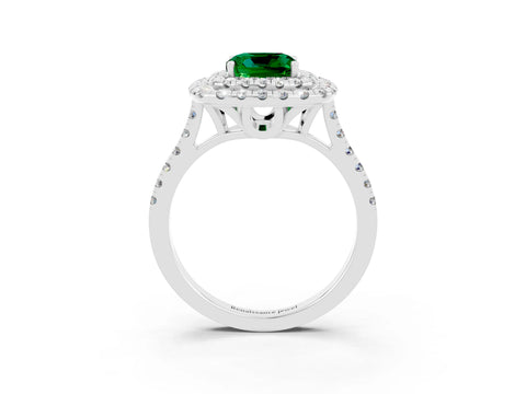 White gold Double Halo Cushion Cut Emerald Pavé Band with Four-Prong Setting_3