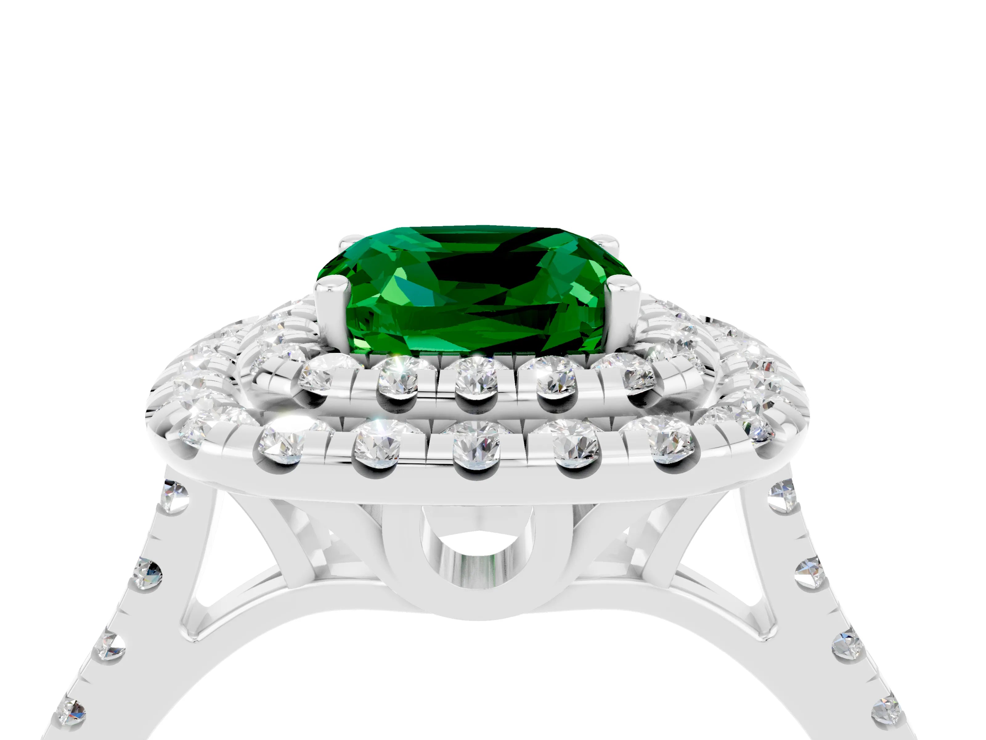 White gold Double Halo Cushion Cut Emerald Pavé Band with Four-Prong Setting_4