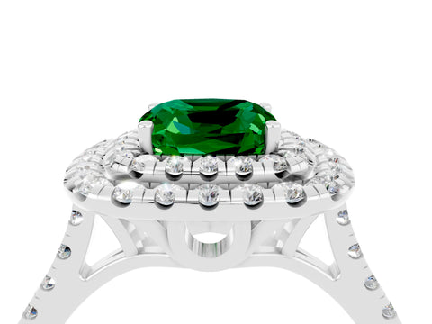 White gold Double Halo Cushion Cut Emerald Pavé Band with Four-Prong Setting_4