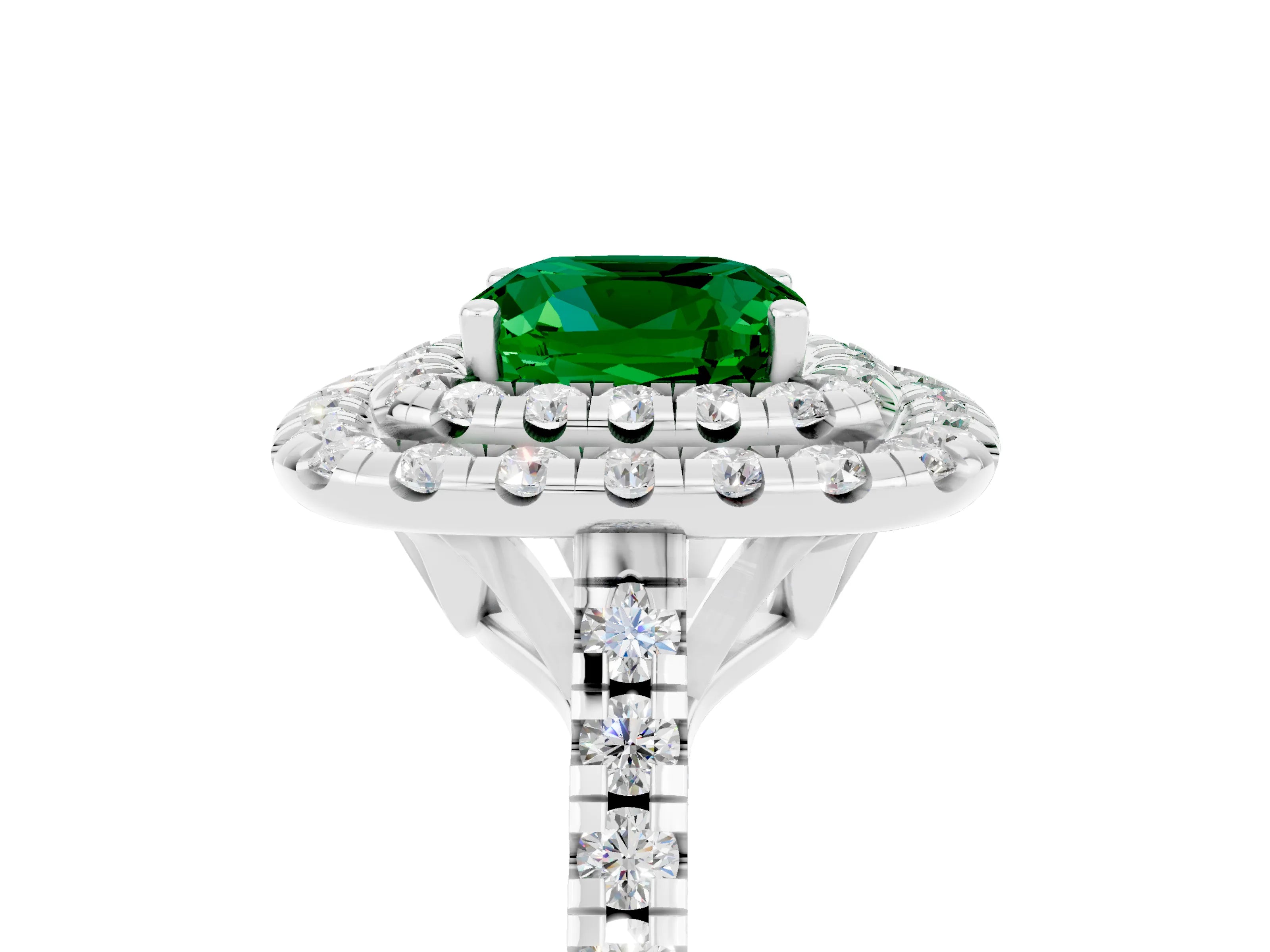 White gold Double Halo Cushion Cut Emerald Pavé Band with Four-Prong Setting_5