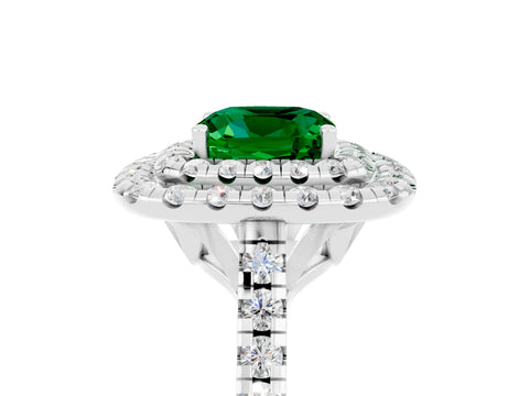 White gold Double Halo Cushion Cut Emerald Pavé Band with Four-Prong Setting_5