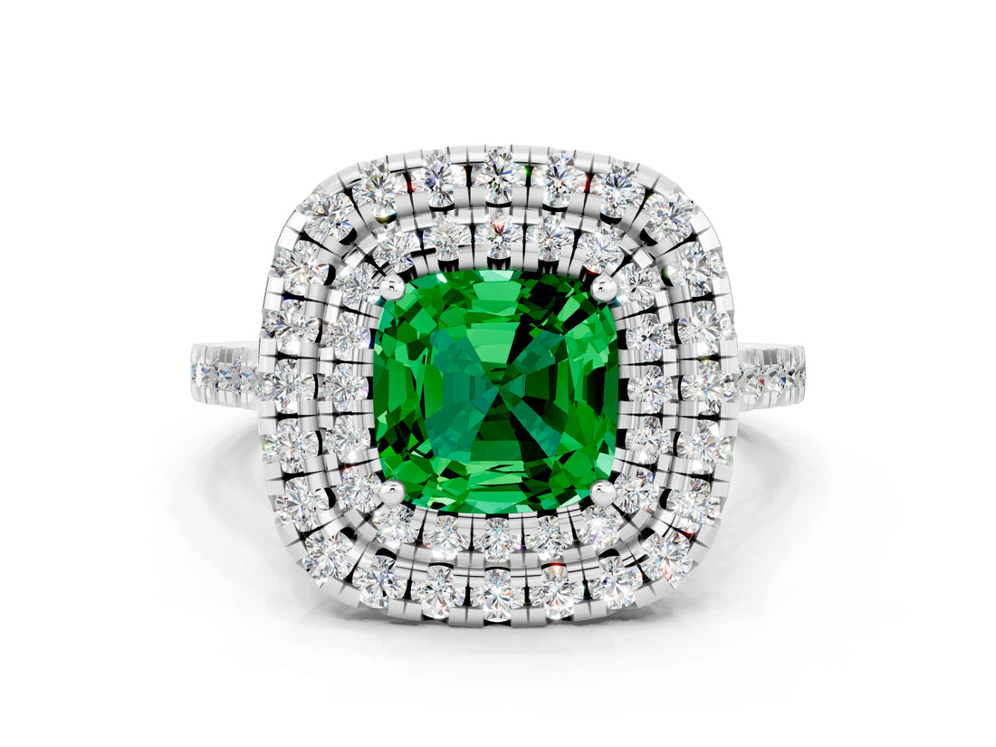 White gold Double Halo Cushion Cut Emerald Pavé Band with Four-Prong Setting