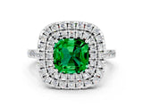 White gold Double Halo Cushion Cut Emerald Pavé Band with Four-Prong Setting