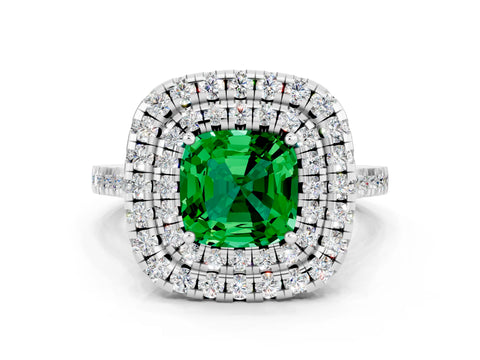 White gold Double Halo Cushion Cut Emerald Pavé Band with Four-Prong Setting