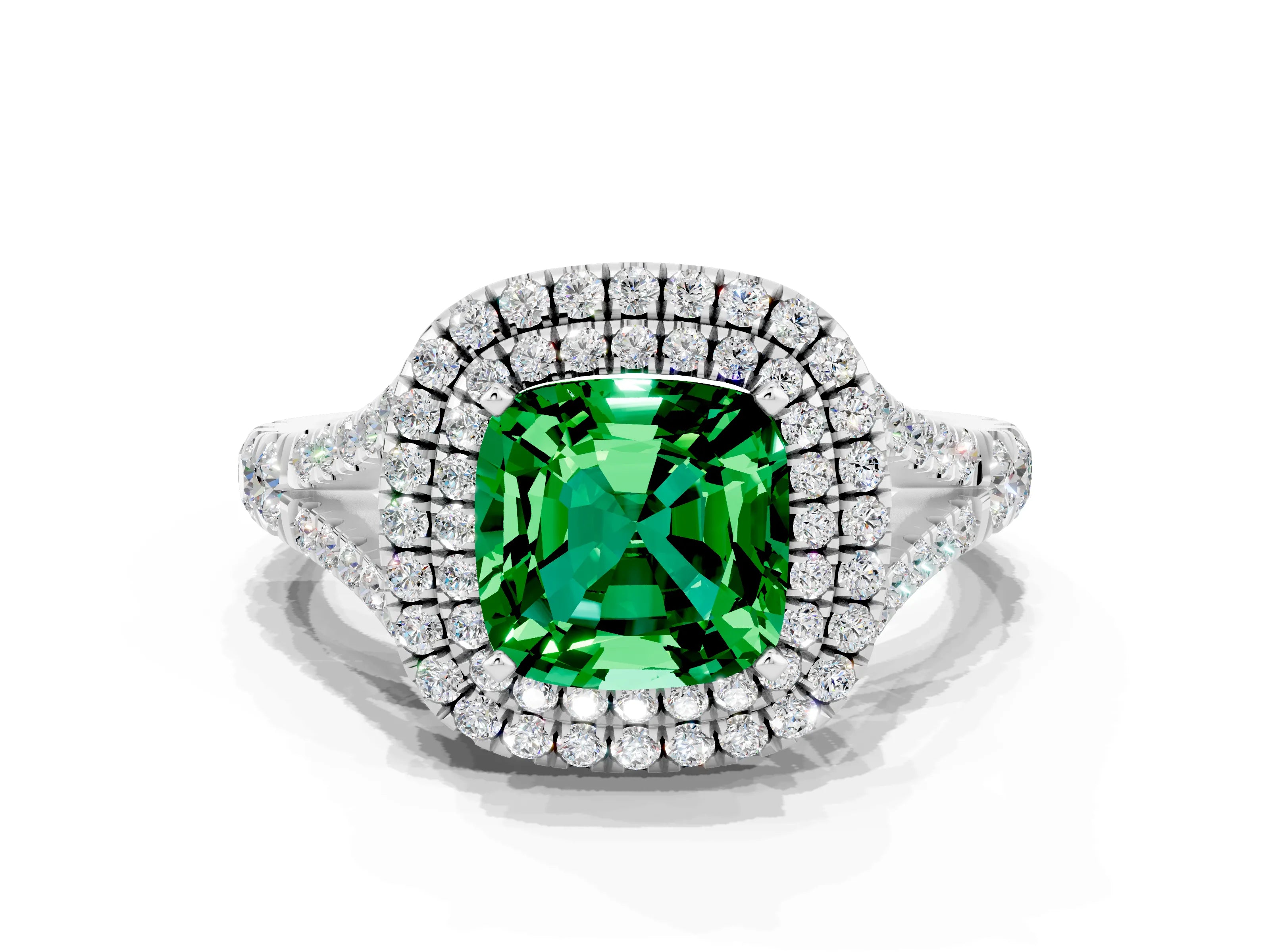 White gold Double Halo Cushion Cut Emerald Pavé Split Shank Ring with Prong Setting
