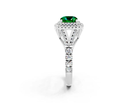 White gold Double Halo Cushion Cut Emerald Pavé Split Shank Ring with Prong Setting_2