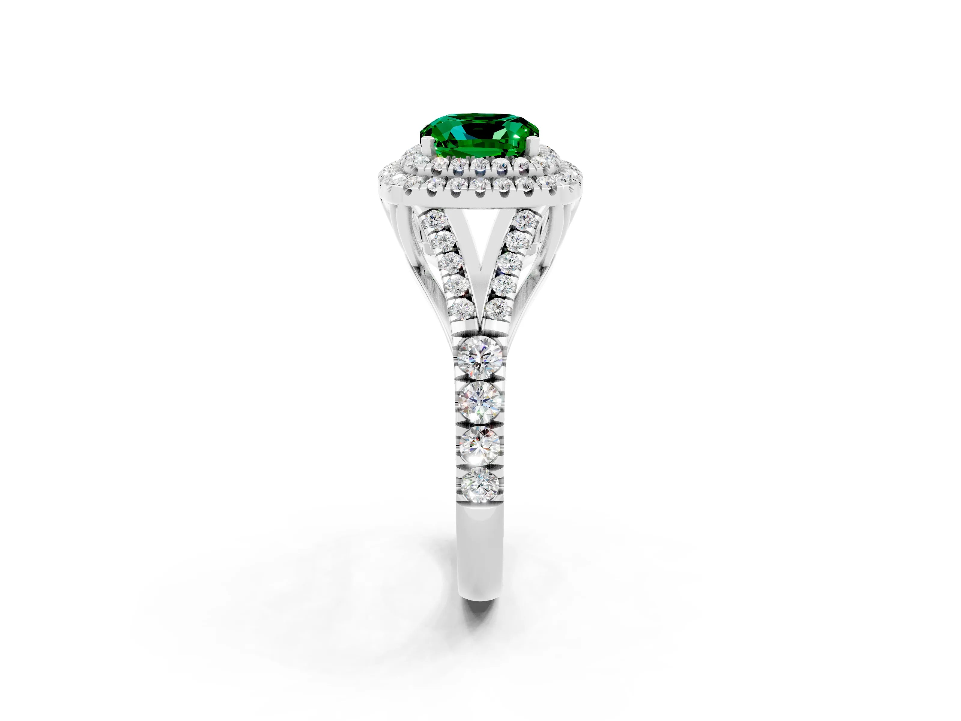 White gold Double Halo Cushion Cut Emerald Pavé Split Shank Ring with Prong Setting_2
