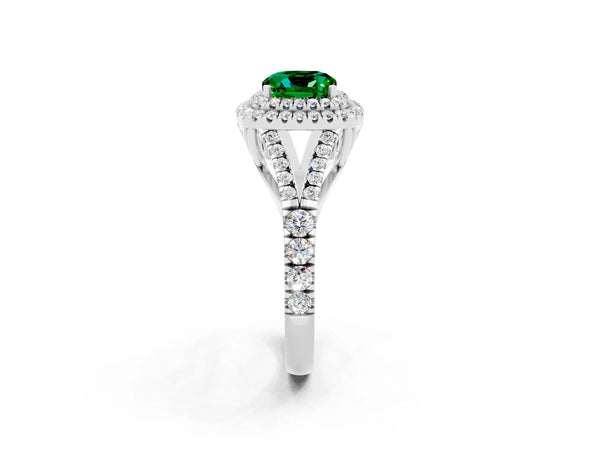 Silver Double Halo Cushion Cut Emerald Pavé Split Shank Ring with Prong Setting