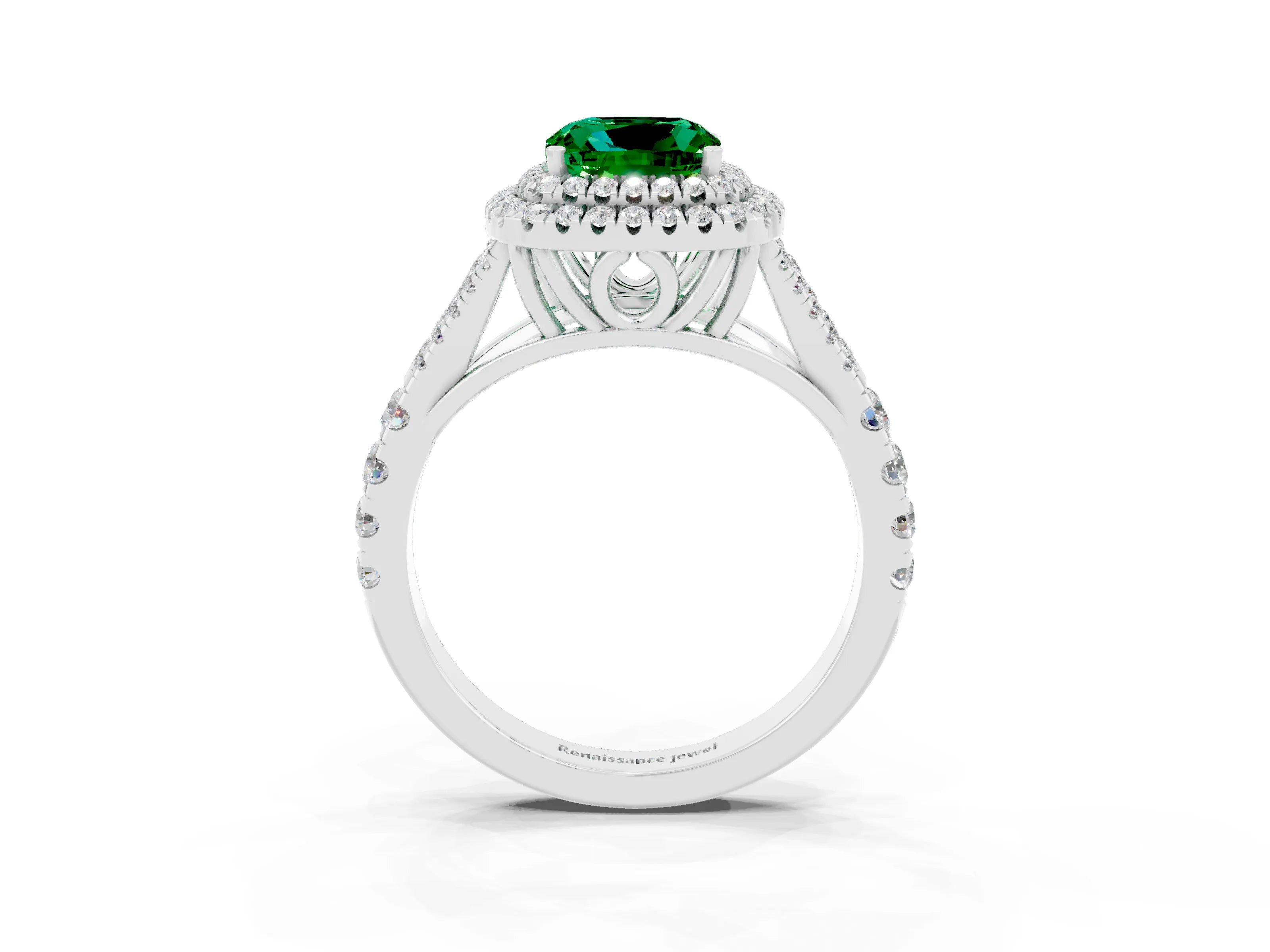 White gold Double Halo Cushion Cut Emerald Pavé Split Shank Ring with Prong Setting_3