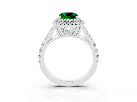 White gold Double Halo Cushion Cut Emerald Pavé Split Shank Ring with Prong Setting_3