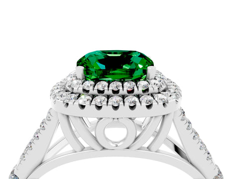 White gold Double Halo Cushion Cut Emerald Pavé Split Shank Ring with Prong Setting_4