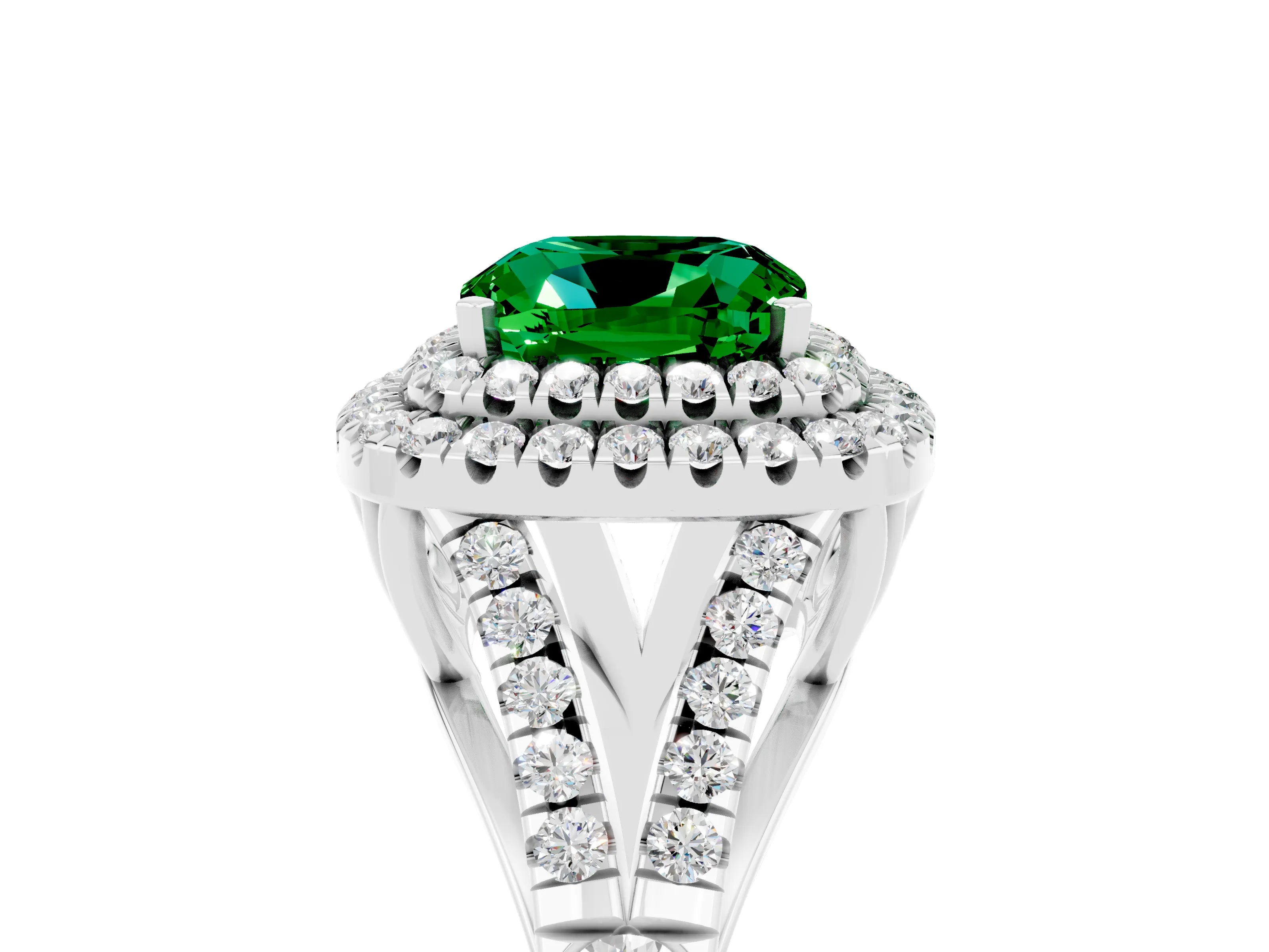 White gold Double Halo Cushion Cut Emerald Pavé Split Shank Ring with Prong Setting_5