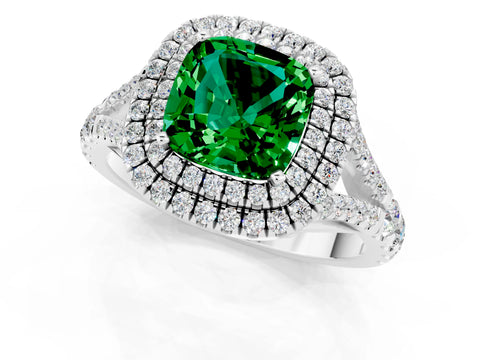 White gold Double Halo Cushion Cut Emerald Split Shank Engagement Ring with Four-Prong Setting_1