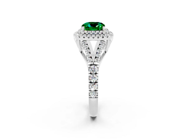 Platinum Double Halo Cushion Cut Emerald Split Shank Engagement Ring with Four-Prong Setting