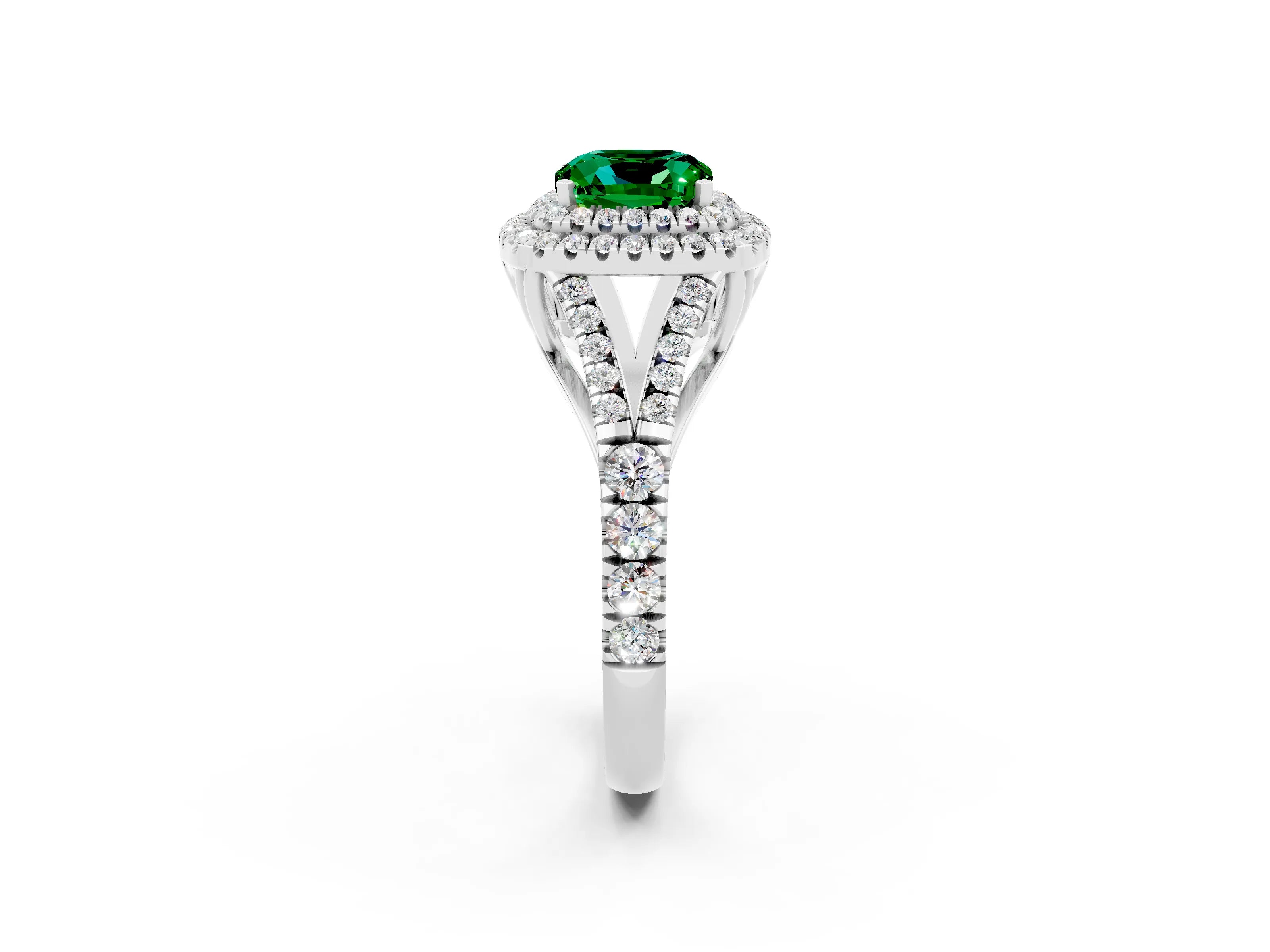 White gold Double Halo Cushion Cut Emerald Split Shank Engagement Ring with Four-Prong Setting_2