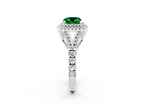 White gold Double Halo Cushion Cut Emerald Split Shank Engagement Ring with Four-Prong Setting_2