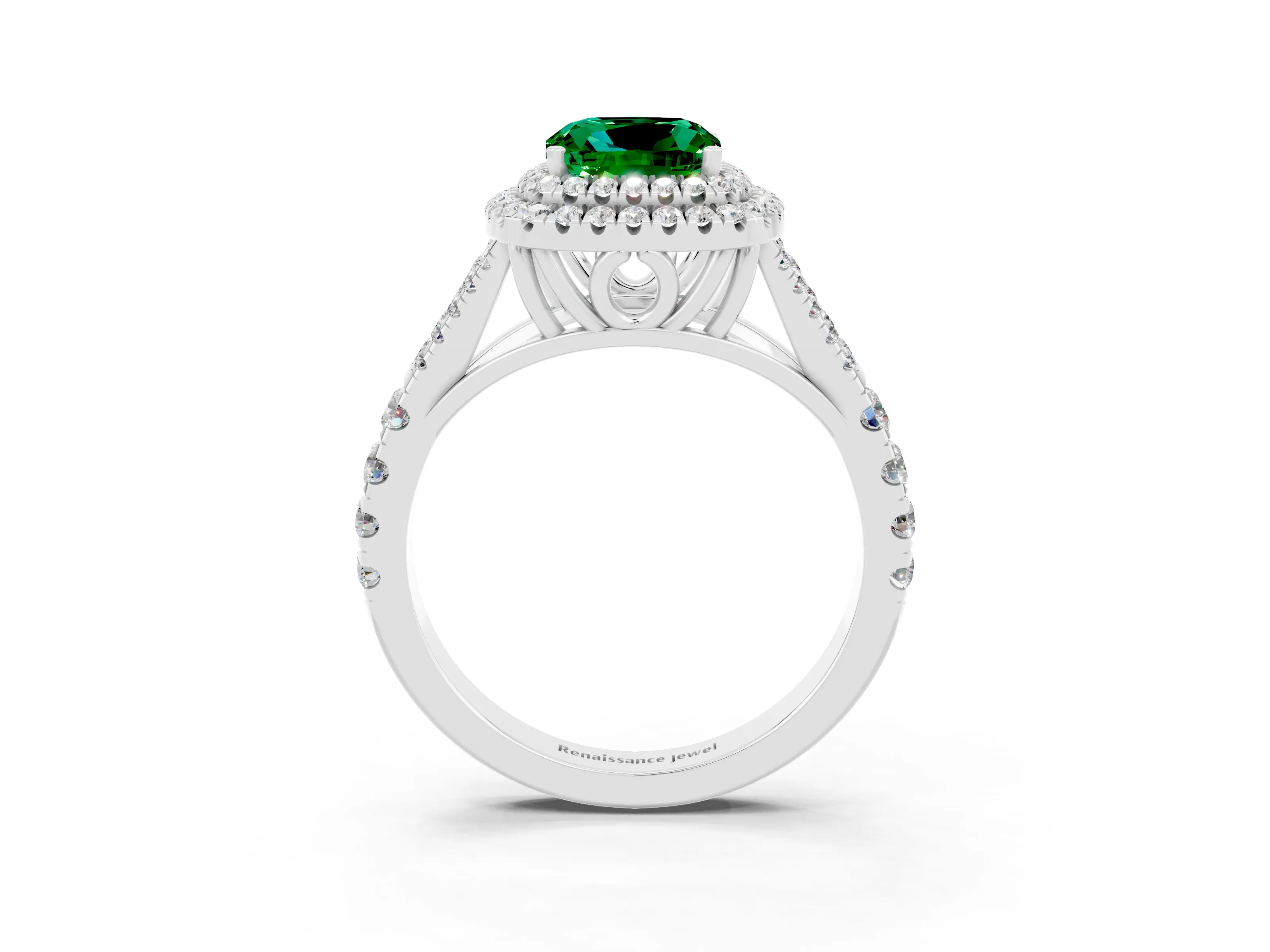 White gold Double Halo Cushion Cut Emerald Split Shank Engagement Ring with Four-Prong Setting_3