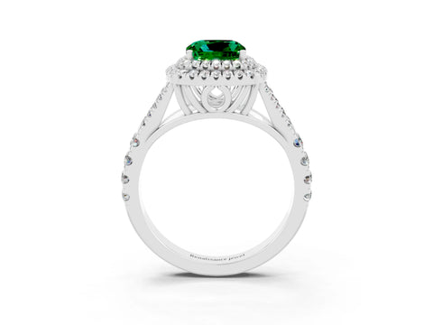 White gold Double Halo Cushion Cut Emerald Split Shank Engagement Ring with Four-Prong Setting_3