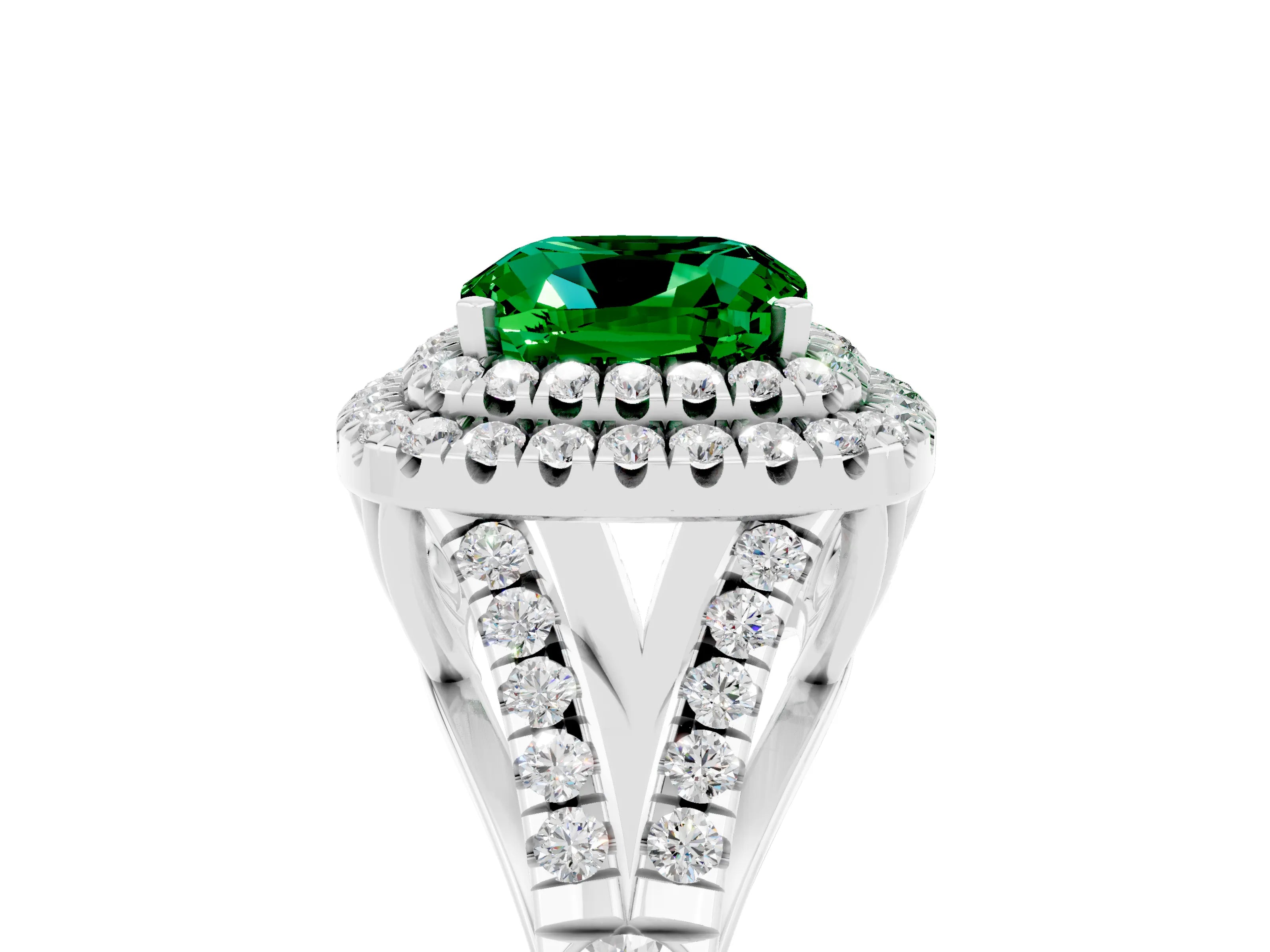 White gold Double Halo Cushion Cut Emerald Split Shank Engagement Ring with Four-Prong Setting_5