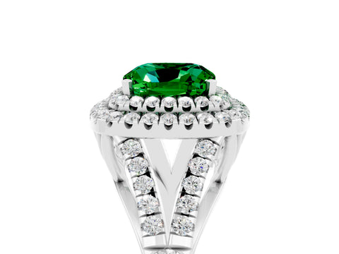 White gold Double Halo Cushion Cut Emerald Split Shank Engagement Ring with Four-Prong Setting_5