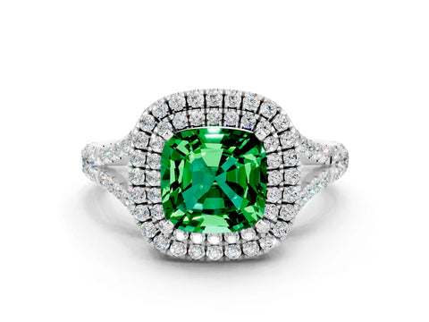 White gold Double Halo Cushion Cut Emerald Split Shank Engagement Ring with Four-Prong Setting