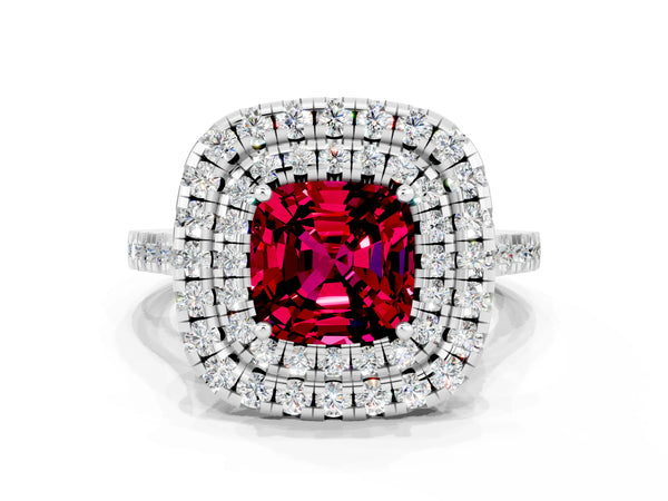 Platinum Double Halo Cushion Cut Garnet Pavé Band with Four-Prong Setting