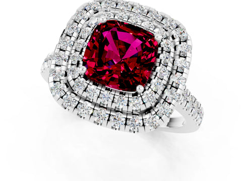 White gold Double Halo Cushion Cut Garnet Pavé Band with Four-Prong Setting_1