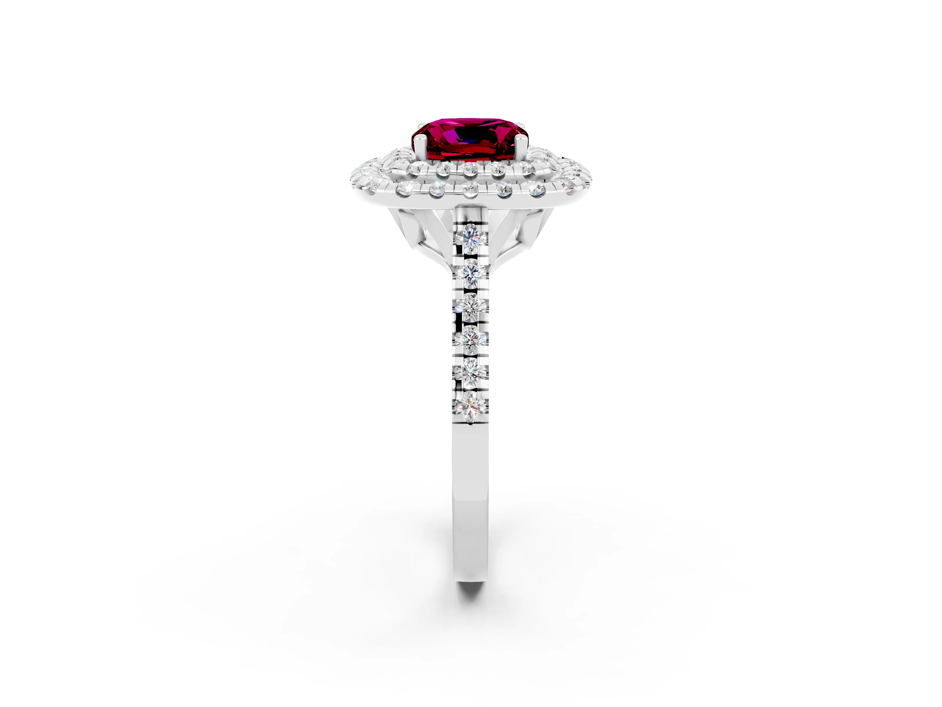 White gold Double Halo Cushion Cut Garnet Pavé Band with Four-Prong Setting_2
