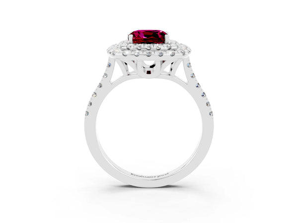 Silver Double Halo Cushion Cut Garnet Pavé Band with Four-Prong Setting