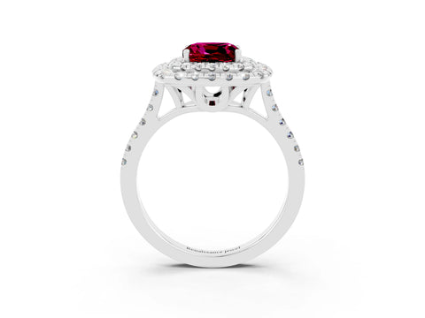 White gold Double Halo Cushion Cut Garnet Pavé Band with Four-Prong Setting_3