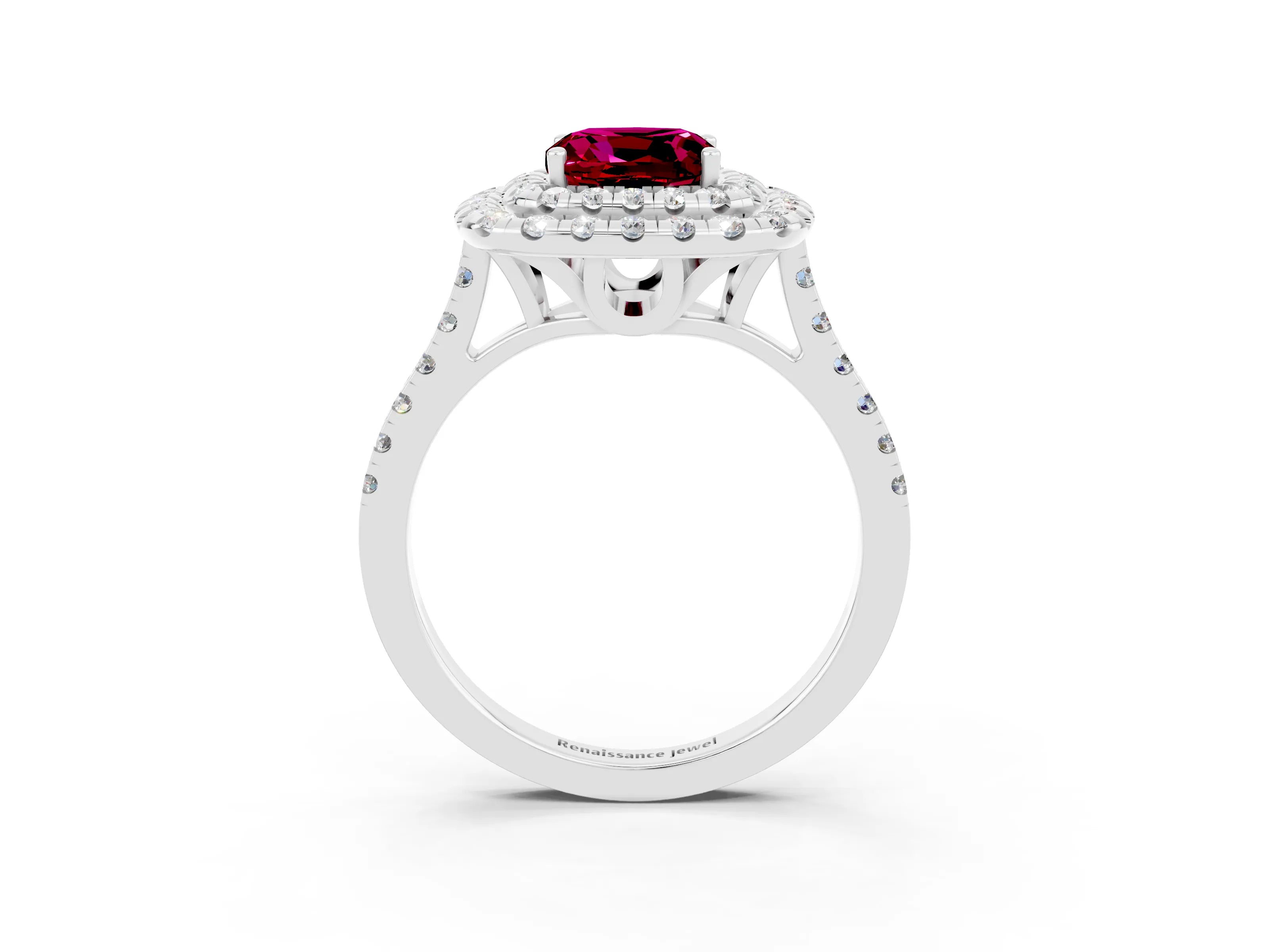 White gold Double Halo Cushion Cut Garnet Pavé Band with Four-Prong Setting_3