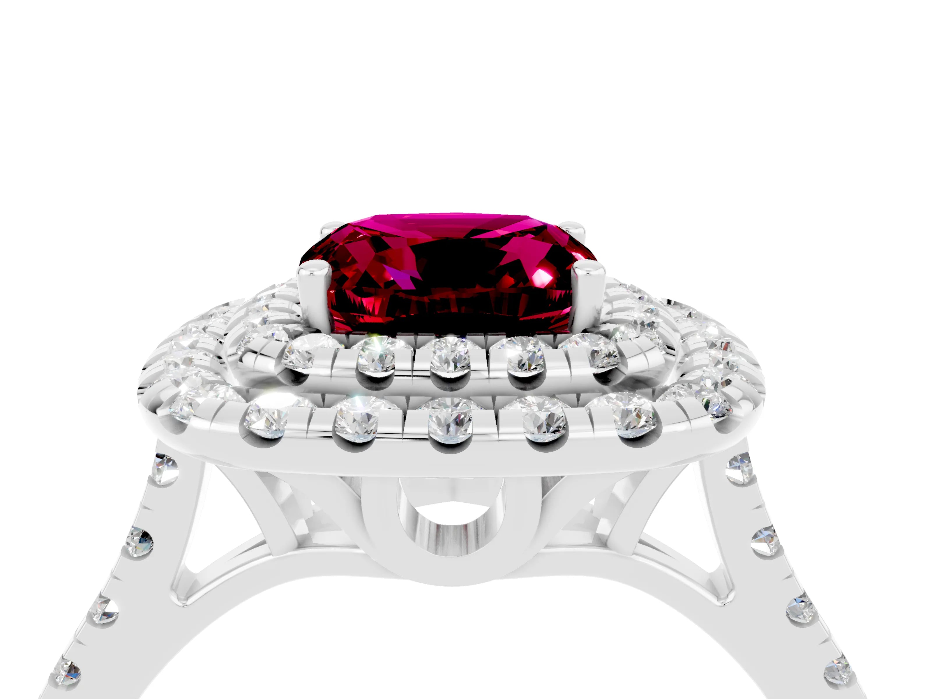 White gold Double Halo Cushion Cut Garnet Pavé Band with Four-Prong Setting_4